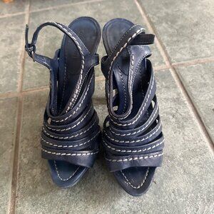 Miu Miu Navy Blue Leather Strappy High Heel Sandals With Stitch Detail 6-Inch